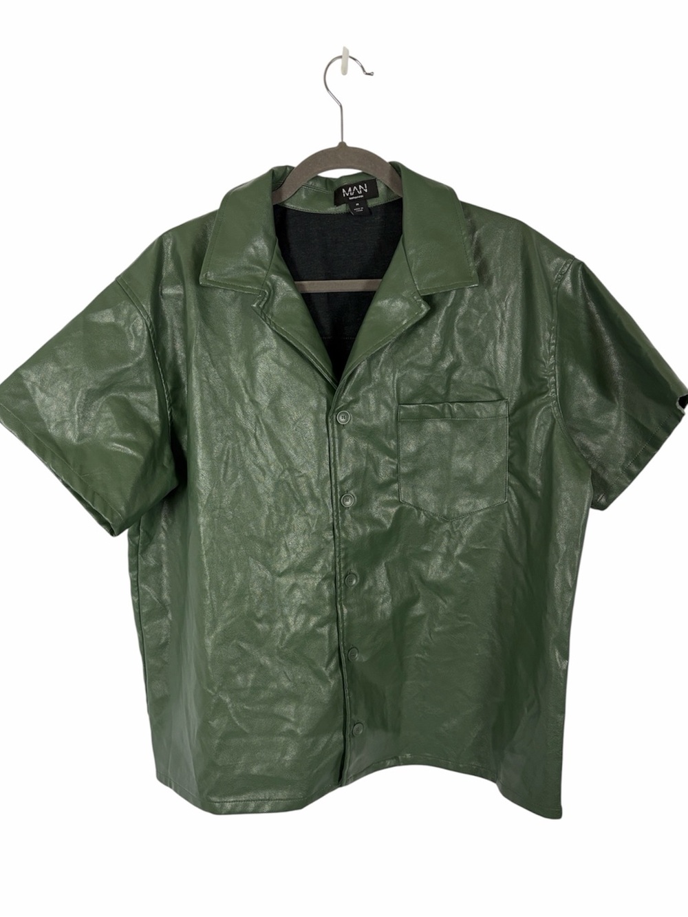 BoohooMAN Green Faux Leather Button Up Shirt Medium Boxy Oversized Short Sleeve